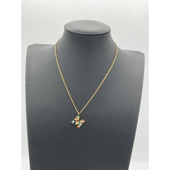 Gold Tone Initial M Pendant Necklace With Colorful Stones & Lobster Clasp - Picture 1 of 5